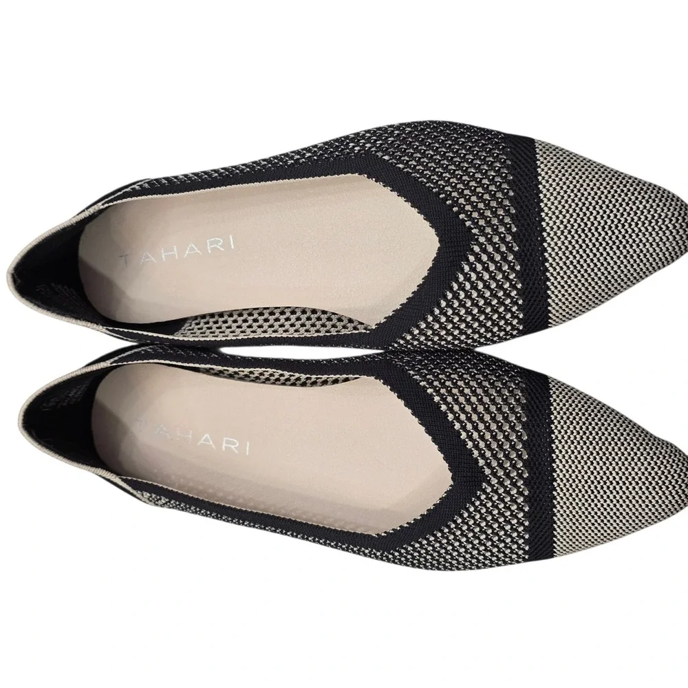 Tahari Antigua Pointed Toe Knit Ballet Flats Black Ivory Sz 8 Quiet Luxury Chic